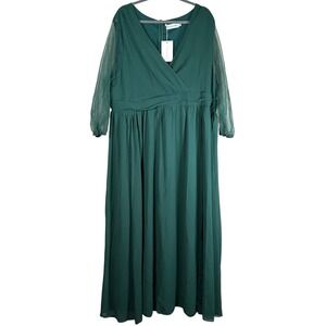 Flycurvy Dark Green Chiffon Maxi Dress Plus Size 5XL V-Neck Mesh Sleeve Formal